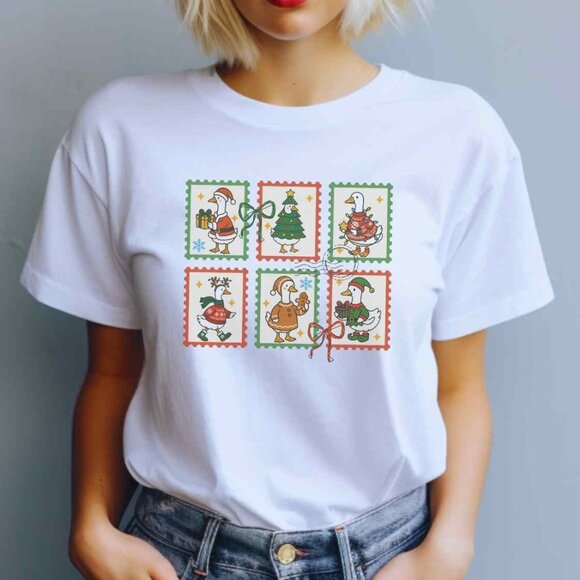 Silly Christmas Goose Stamp Style Graphic Tee Funny Holiday T-Shirt - Picture 1 of 4